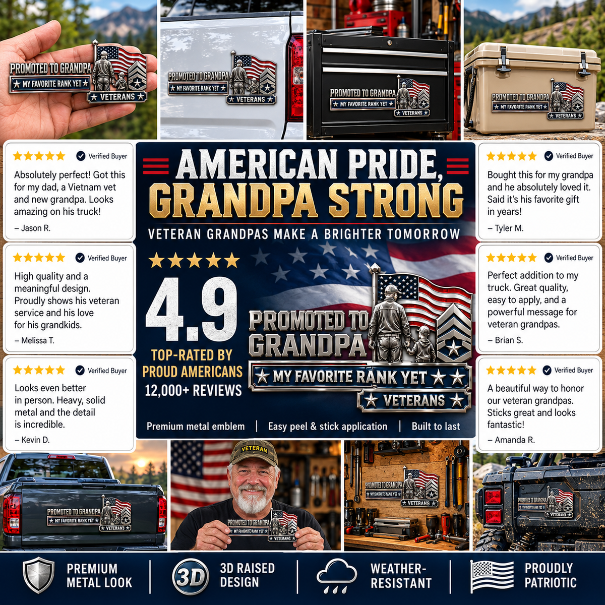 Veteran Grandpa 3D Patriotic Car Emblem – “Promoted to Grandpa, My Favorite Rank Yet”