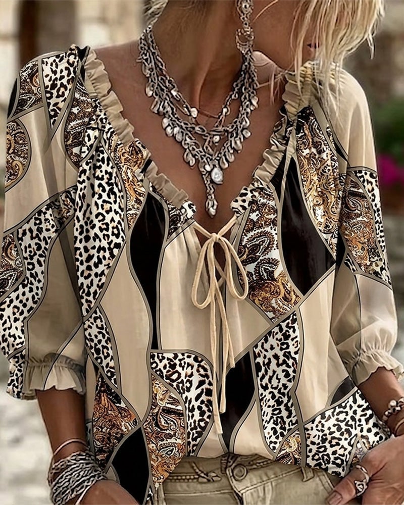 V-Neck Leopard Puff Sleeve Tie Blouse