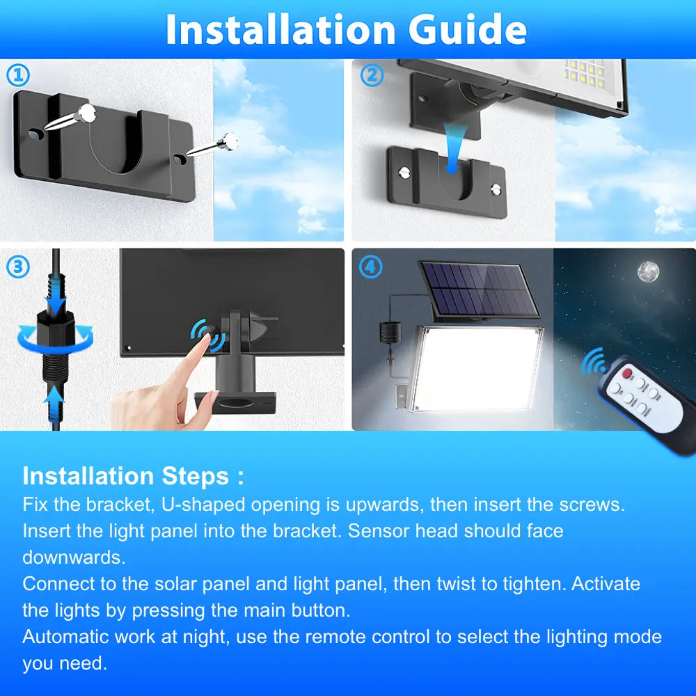 1pc-400LED Solar Wall Light with 5m Cable, Motion Sensor, 3 Modes, IP65 Waterproof Outdoor Light
