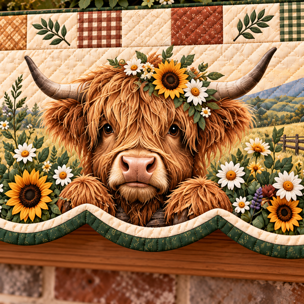 Highland Cow Quilted Patchwork Fireplace Mantel Scarf – Rustic Farmhouse Décor