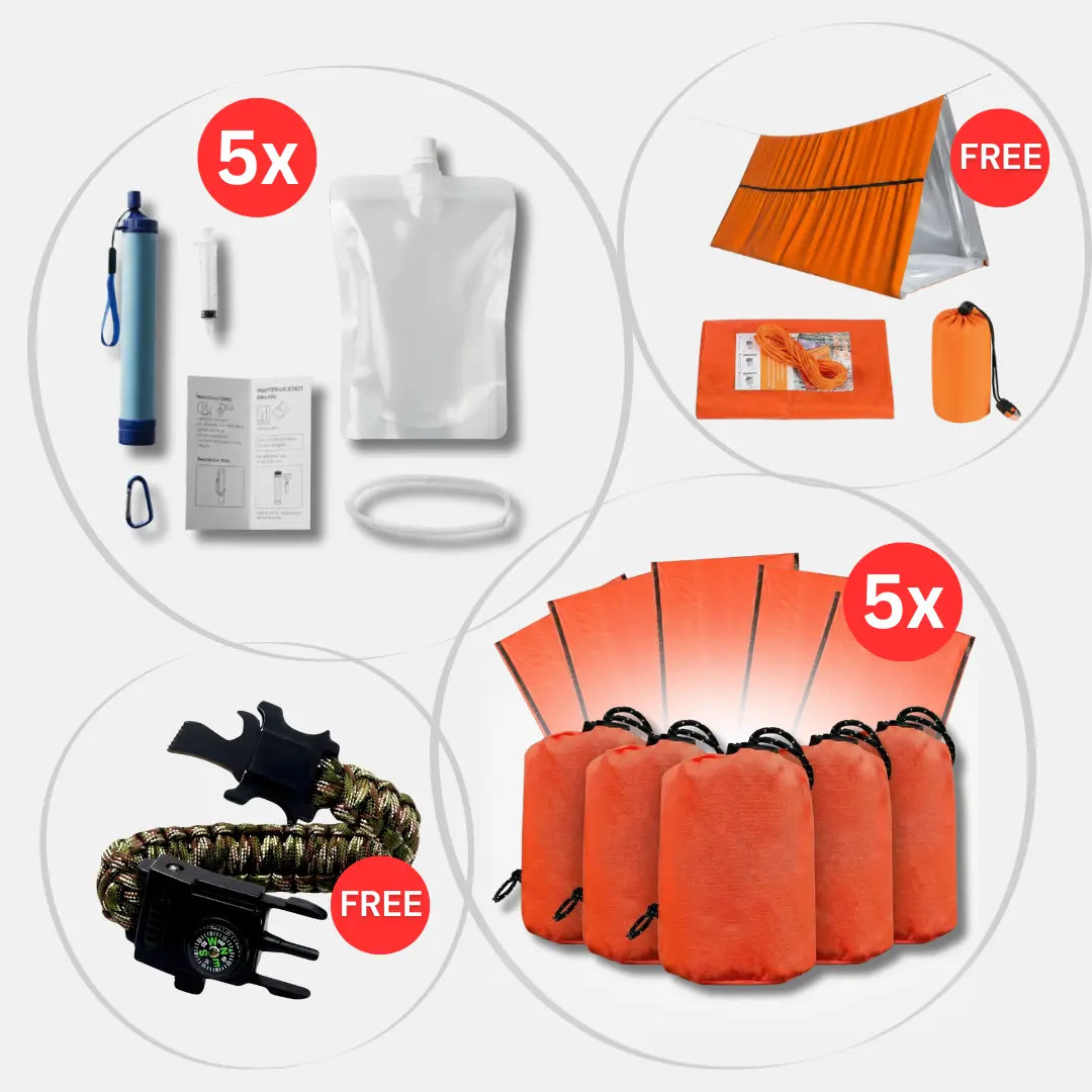家庭应急套装 – 5个滤水器，5个应急睡袋，免费应急帐篷和免费7合1多功能工具