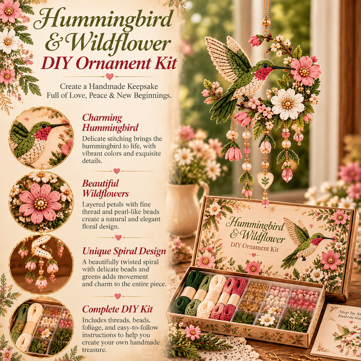 🔥2026 Hot Sale - Hummingbird & Wildflower Beaded DIY Ornament Kit💚
