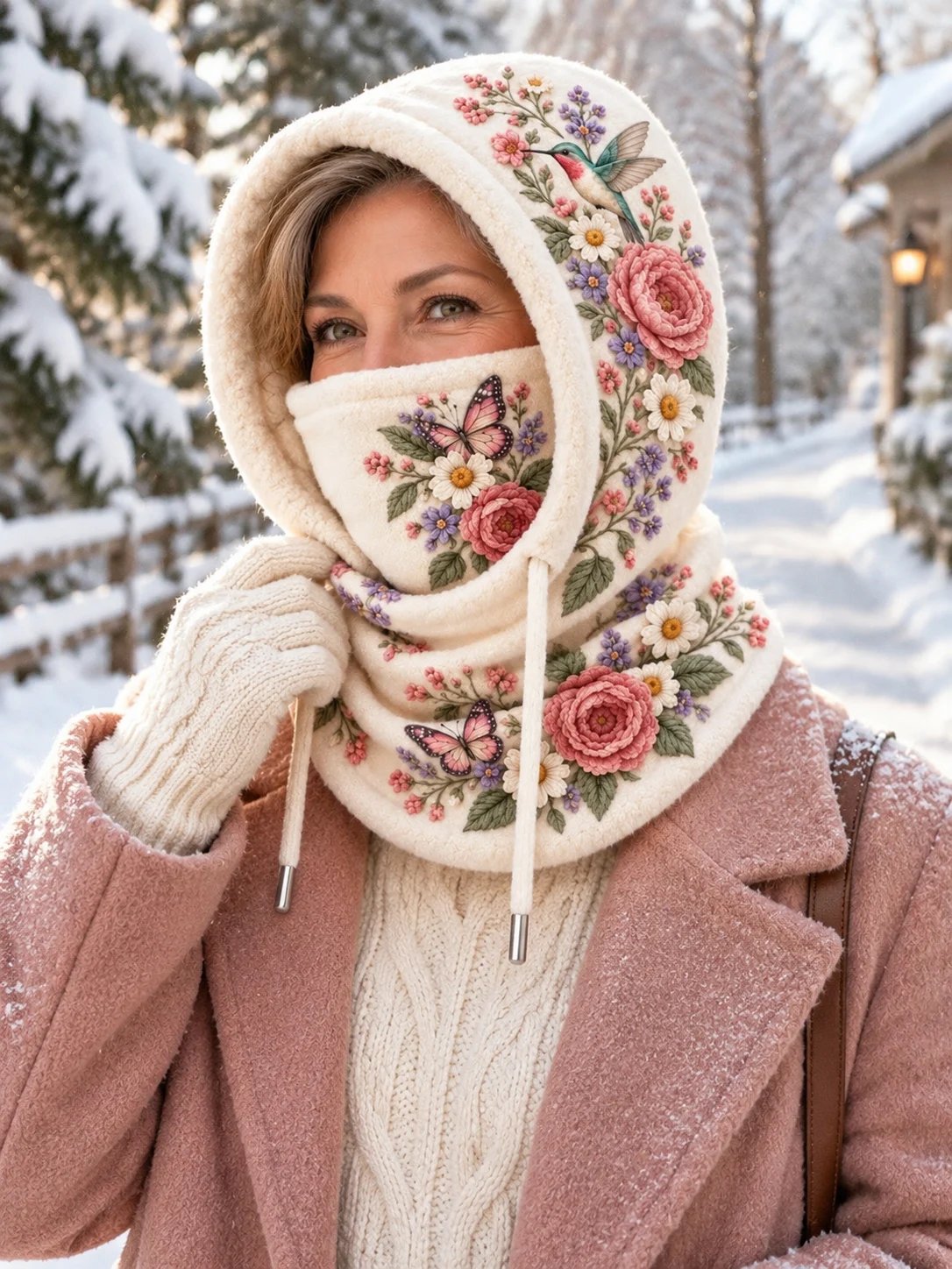 🌸 Women’s Floral 3-in-1 Winter Hood – Fleece-Lined Hat, Face Cover & Neck Warmer (📦 Buy 2 Free Shipping)