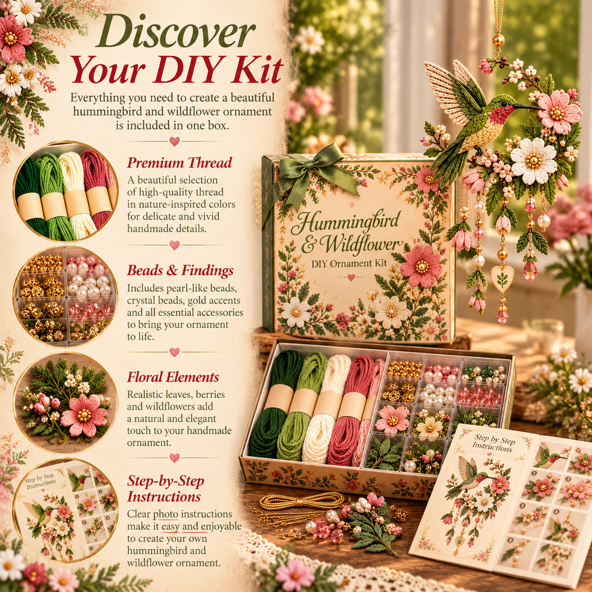 🔥2026 Hot Sale - Hummingbird & Wildflower Beaded DIY Ornament Kit💚