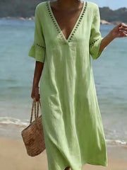 Deep V Ruffle Sleeve Hollow Lace Dress