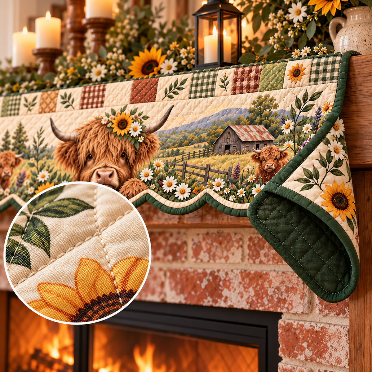 Highland Cow Quilted Patchwork Fireplace Mantel Scarf – Rustic Farmhouse Décor