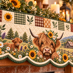Highland Cow Quilted Patchwork Fireplace Mantel Scarf – Rustic Farmhouse Décor