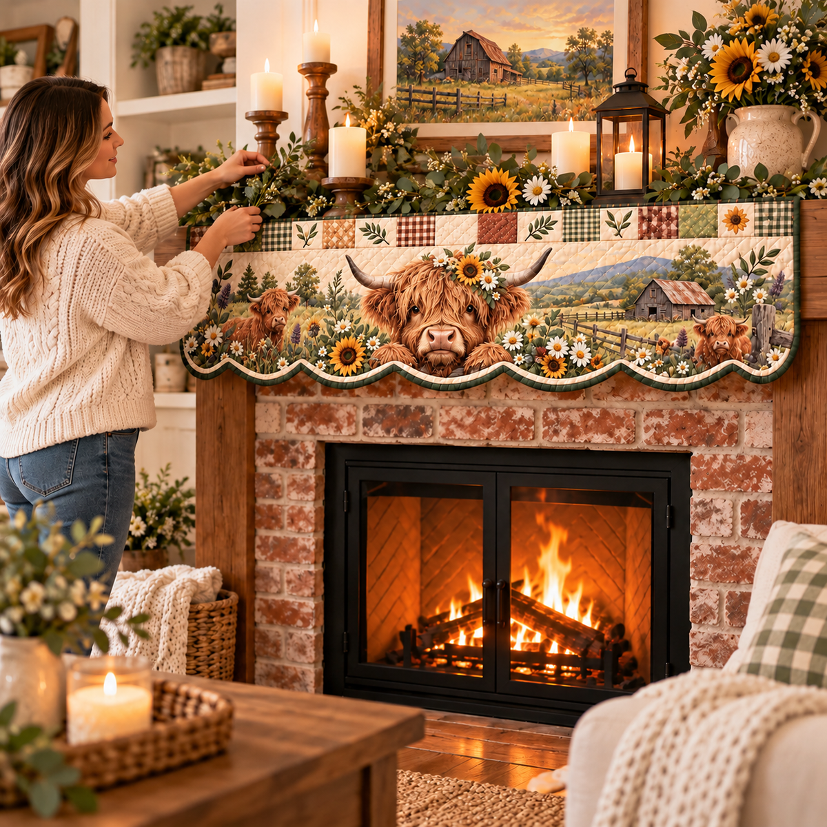 Highland Cow Quilted Patchwork Fireplace Mantel Scarf – Rustic Farmhouse Décor