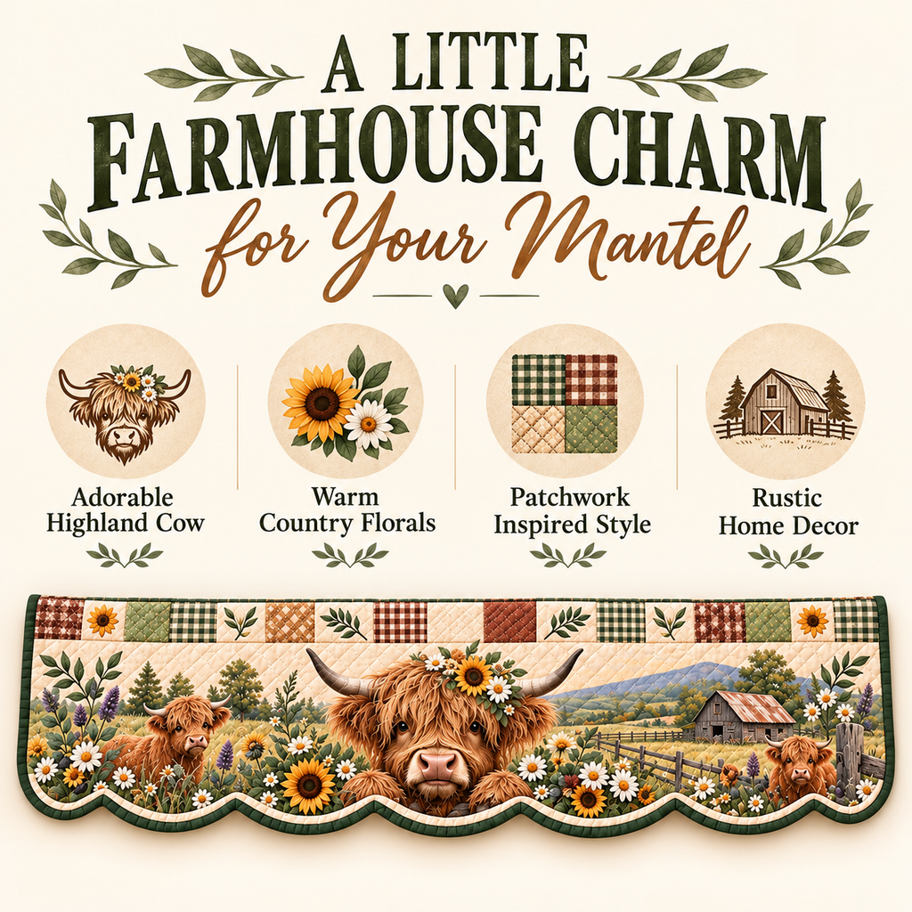 Highland Cow Quilted Patchwork Fireplace Mantel Scarf – Rustic Farmhouse Décor