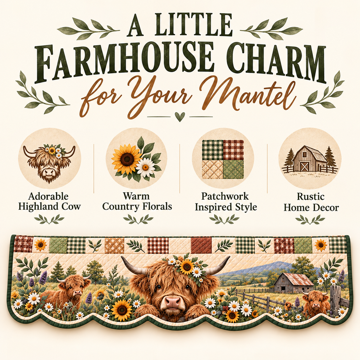 Highland Cow Quilted Patchwork Fireplace Mantel Scarf – Rustic Farmhouse Décor