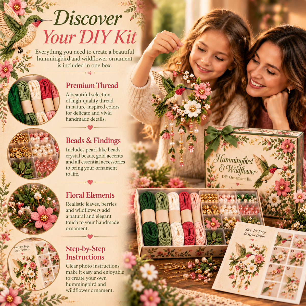 🔥2026 Hot Sale - Hummingbird & Wildflower Beaded DIY Ornament Kit💚