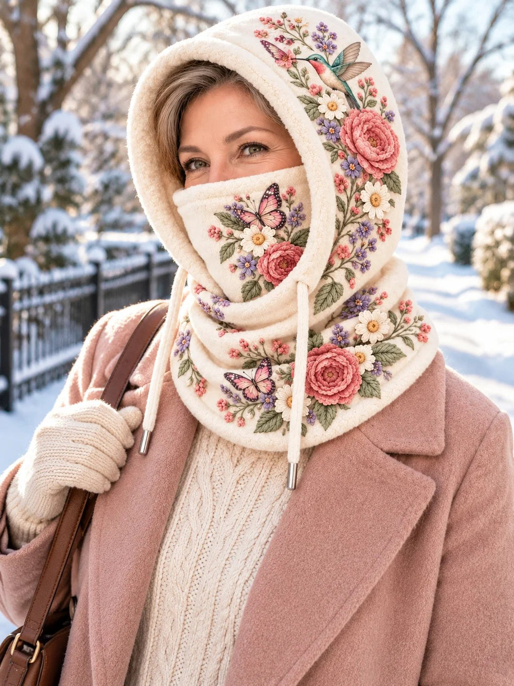 🌸 Women’s Floral 3-in-1 Winter Hood – Fleece-Lined Hat, Face Cover & Neck Warmer (📦 Buy 2 Free Shipping)