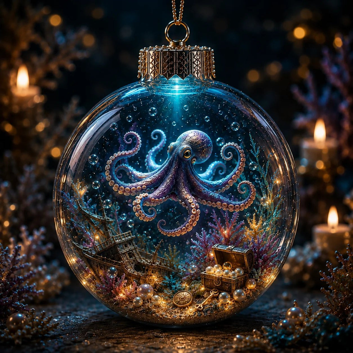 🌊 海洋系列发光3D模型装饰品套装 | 透明展示摆件，内含精细海洋生物、珊瑚、贝壳和珍珠风格点缀 ✨