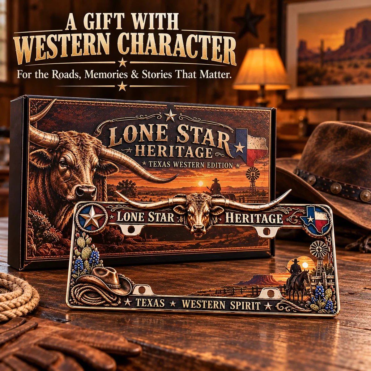 🐂 Texas Longhorn Western Metal License Plate Frame – Vintage Cowboy & Lone Star Ranch Gift 🤠