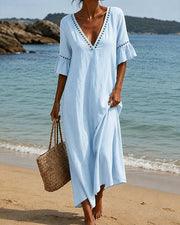 Deep V Ruffle Sleeve Hollow Lace Dress