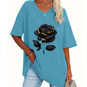 Women's Plus-Size Rose Print V-Neck T-Shirt