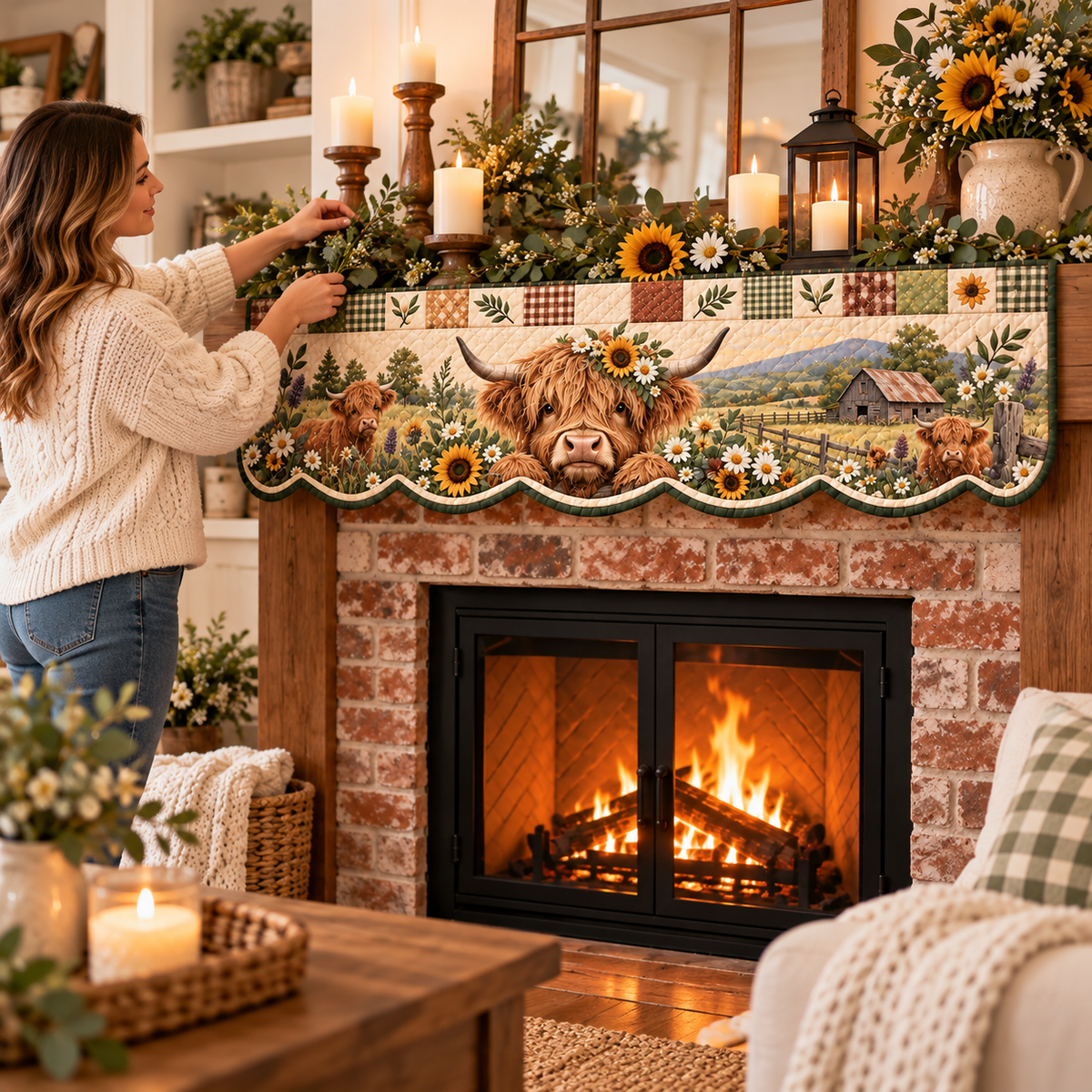 Highland Cow Quilted Patchwork Fireplace Mantel Scarf – Rustic Farmhouse Décor