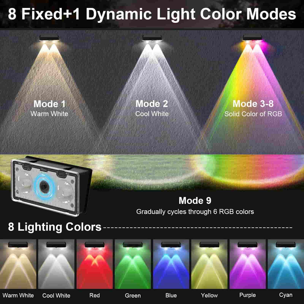 2 Pcs Dual-Head Solar Wall Lights with 9 Color Modes, IP65 Waterproof Outdoor Lights