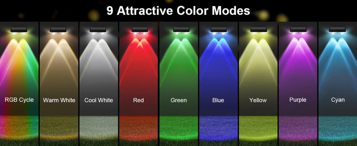 2 Pcs Dual-Head Solar Wall Lights with 9 Color Modes, IP65 Waterproof Outdoor Lights