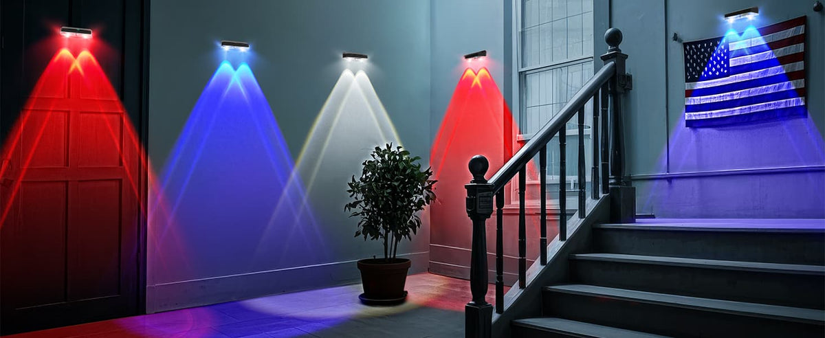 2 Pcs Dual-Head Solar Wall Lights with 9 Color Modes, IP65 Waterproof Outdoor Lights
