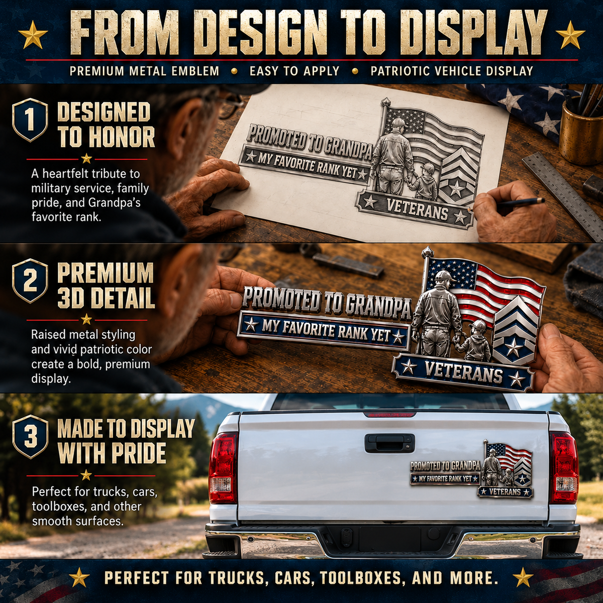 Veteran Grandpa 3D Patriotic Car Emblem – “Promoted to Grandpa, My Favorite Rank Yet”