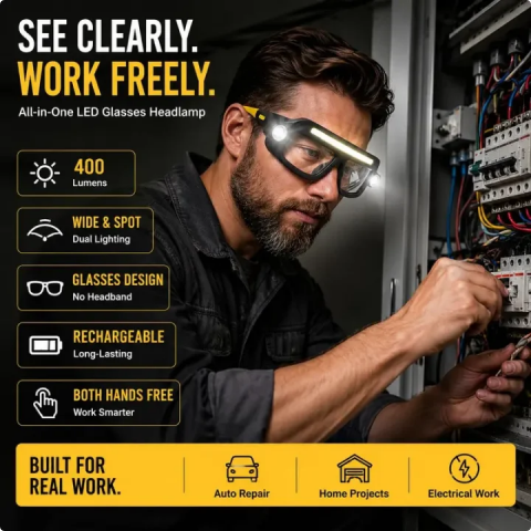 🔦 Rechargeable LED Headlamp Glasses – Hands-Free Lighting, Wave On/Off