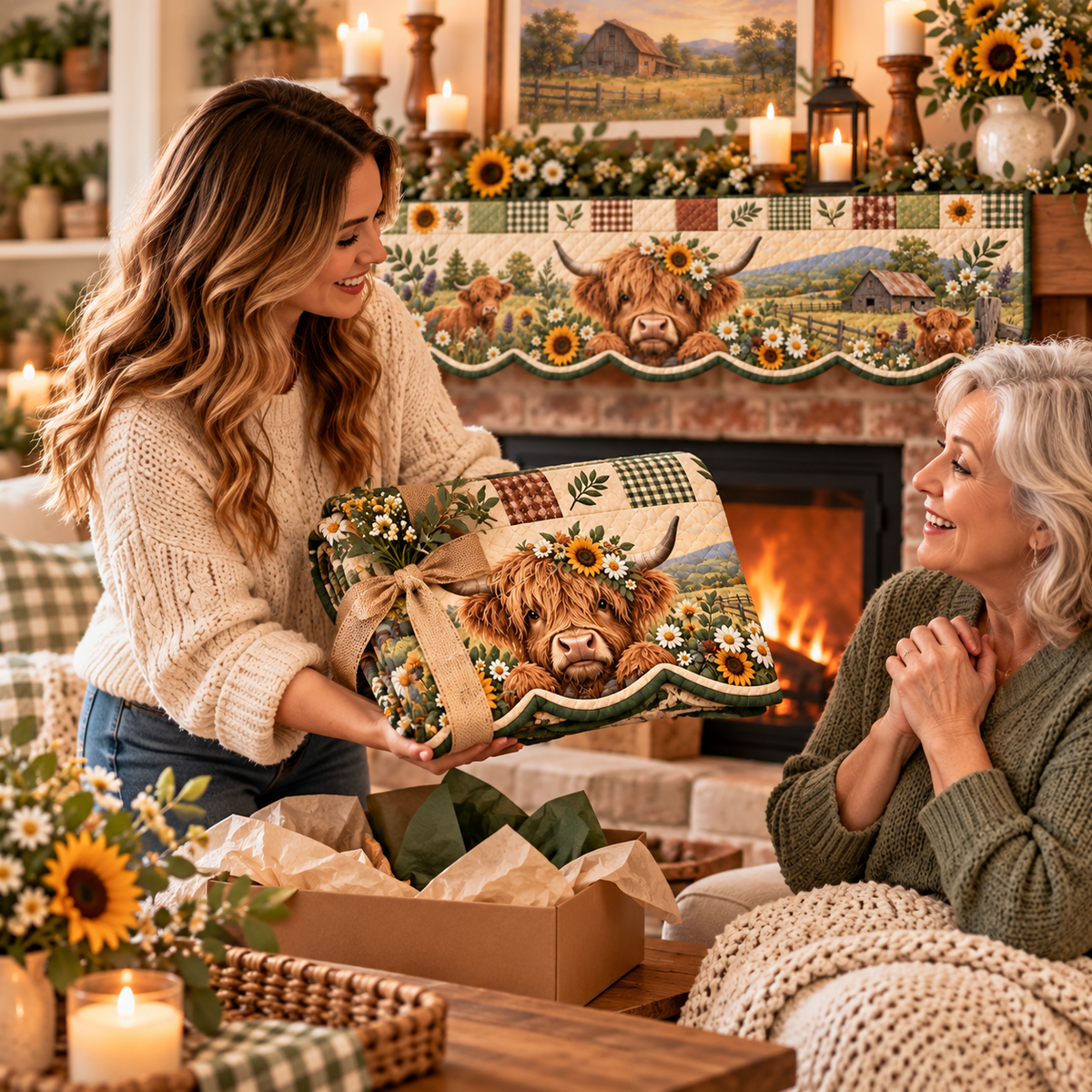 Highland Cow Quilted Patchwork Fireplace Mantel Scarf – Rustic Farmhouse Décor