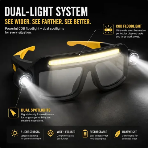 🔦 Rechargeable LED Headlamp Glasses – Hands-Free Lighting, Wave On/Off